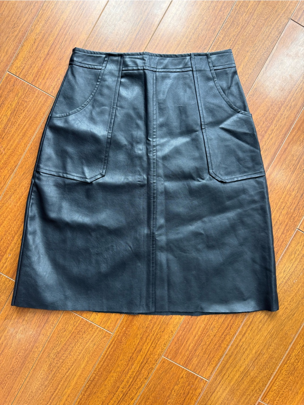 Justfab Black Faux Leather A-Line Midi Skirt with Pockets S